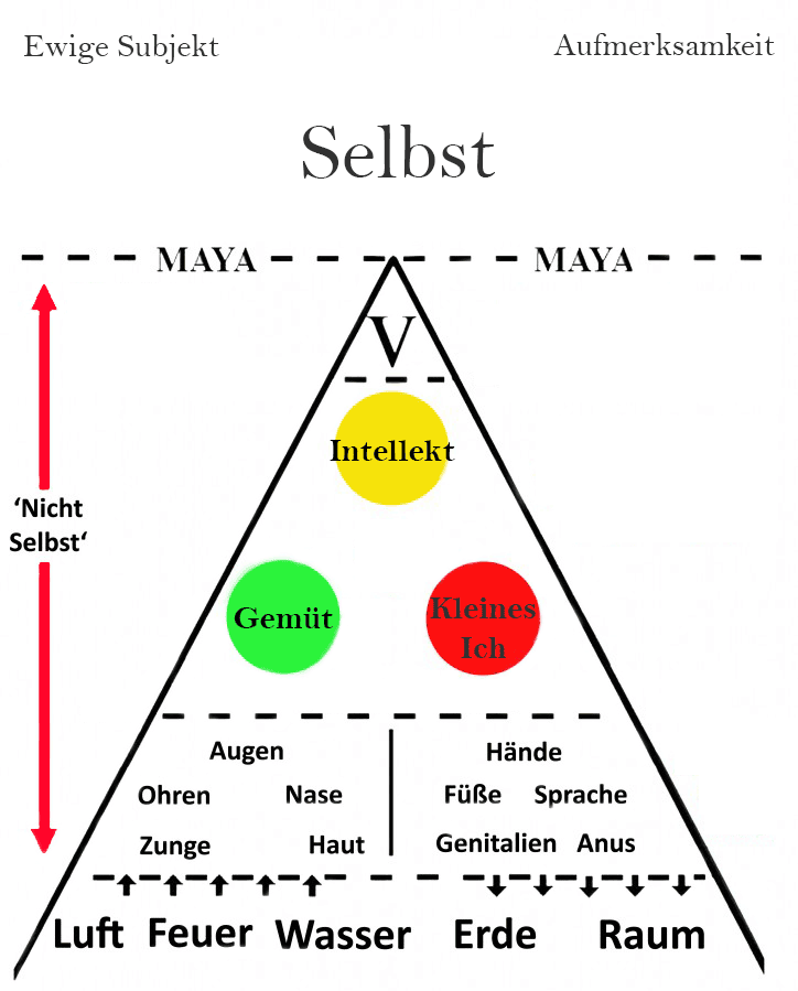 Advaita Vedanta Chart, welcher den Unterschied zwischen Geist und Selbst aufzeigt.